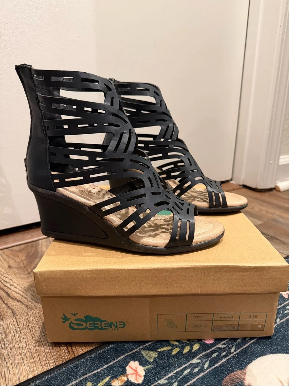 Black Laser-Cut Wedge Sandals